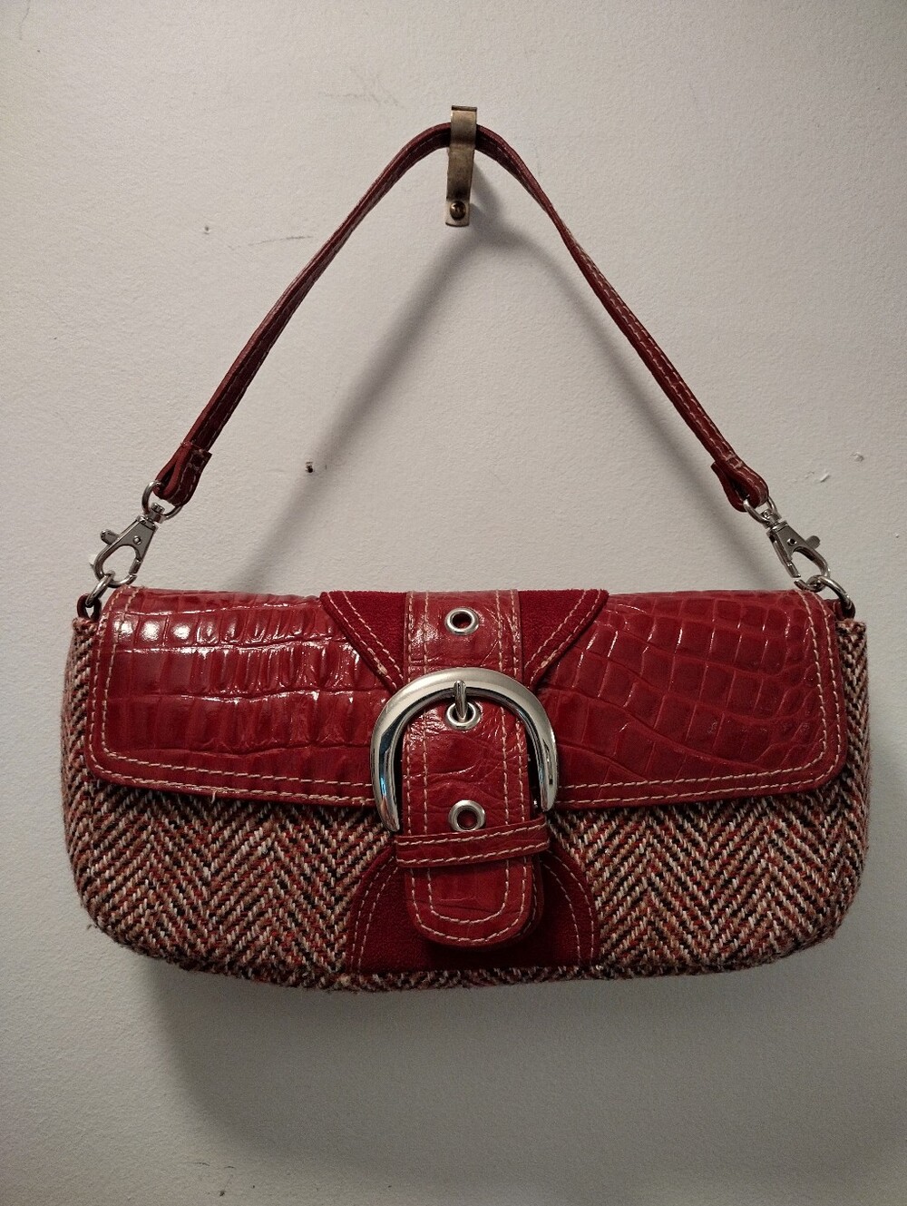 Red Leather & Tweed Shoulder Bag with Buckle Accent